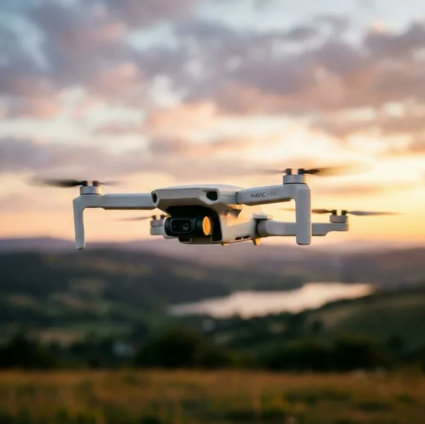 Dron DJI Mavic Mini volando al atardecer sobre un valle con un lago